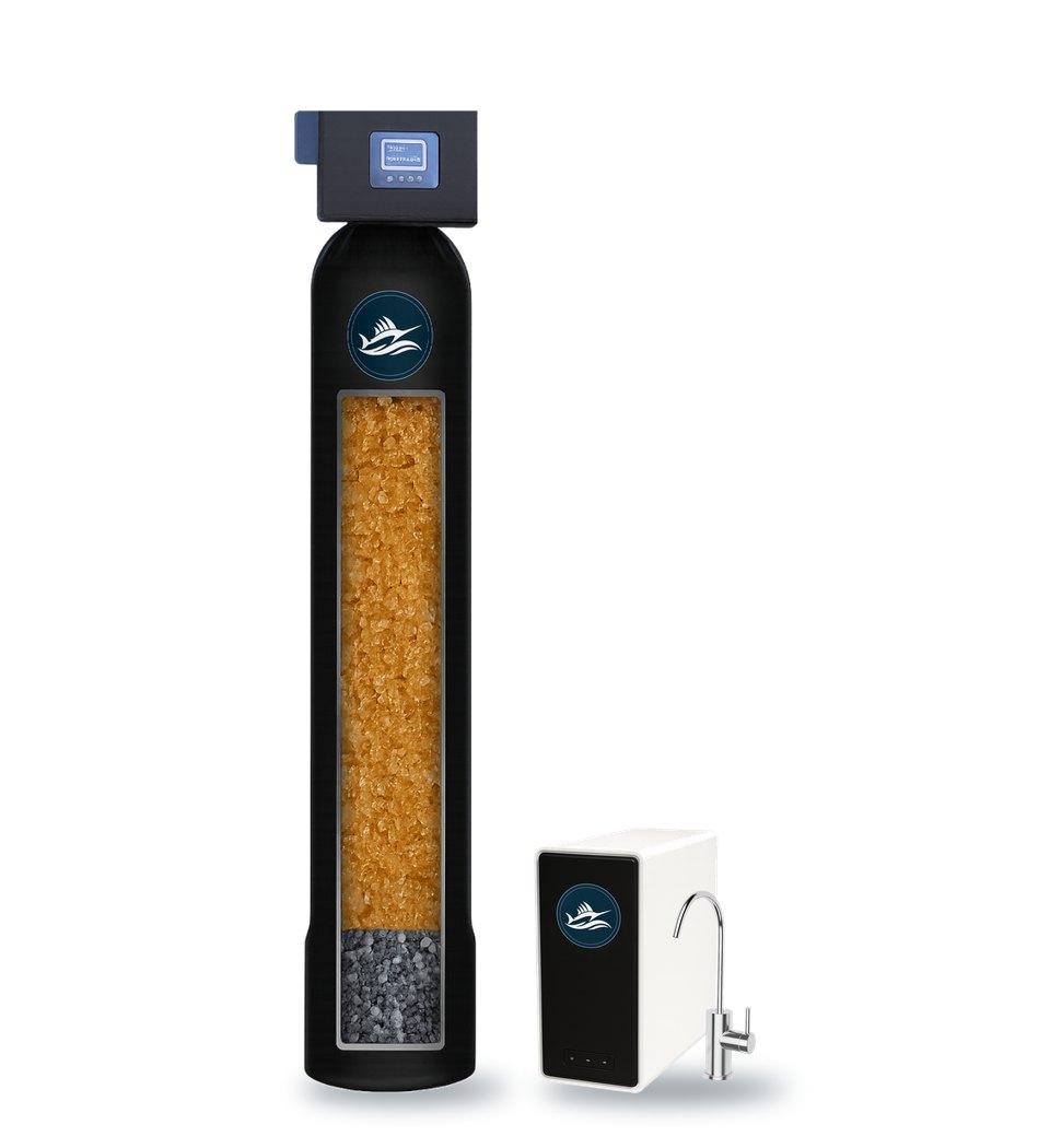 Illustration of a whole-home filtration system: one black tank with a control valve on top and a cutaway window showing the media inside, next to a small white under-sink drinking water unit with a chrome faucet. The tank carries the round Sailfish Water Co badge.