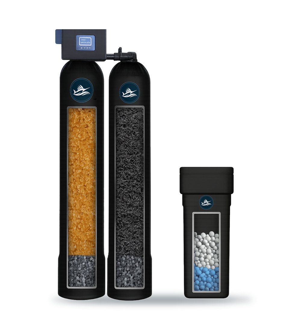 Illustration of a whole-home premium city water system: two black tanks side by side, the first with a control valve on top, each with a cutaway window showing the media inside, and a black salt tank beside them. Each tank carries the round Sailfish Water Co badge.