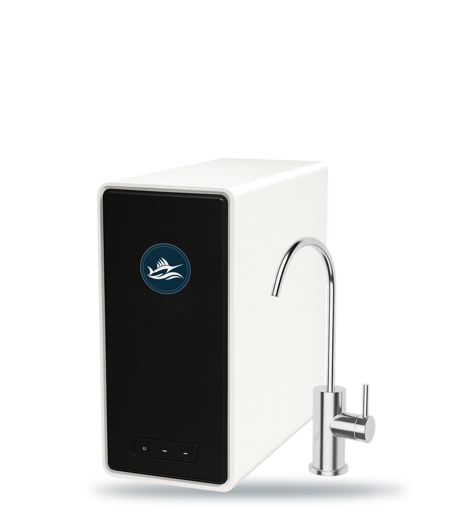 A white under-sink reverse osmosis unit with a black front panel, next to a chrome drinking water faucet