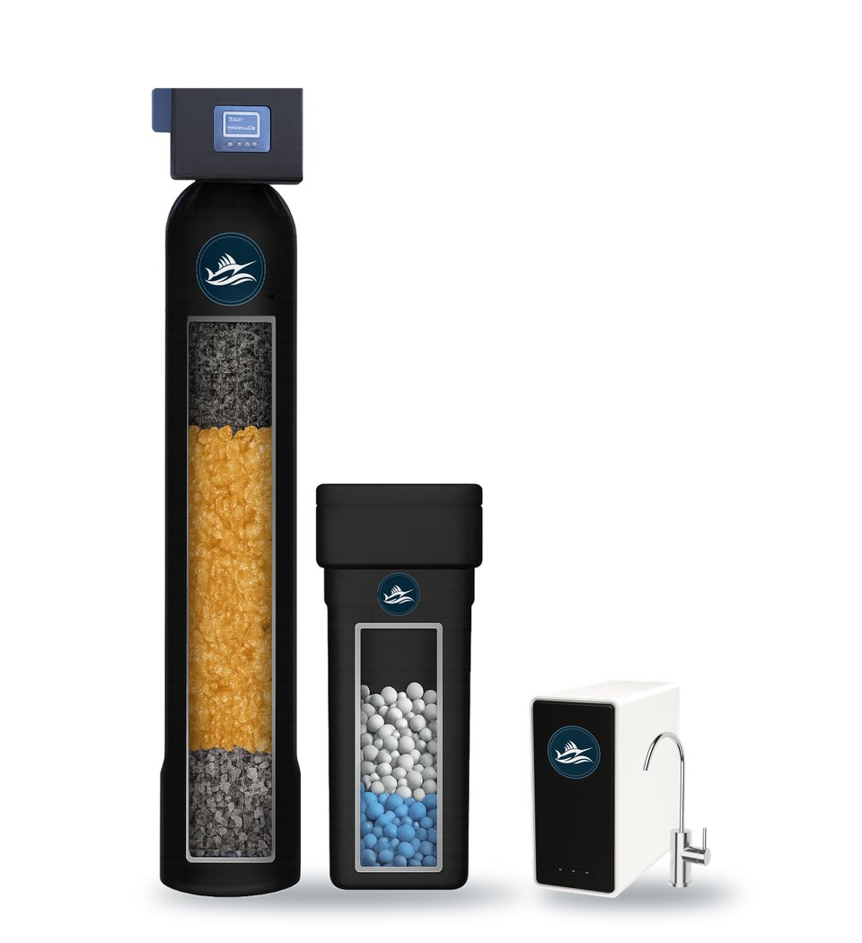 Illustration of a water softener: a black tank with a control valve on top and a cutaway window showing the media inside, a black salt tank beside it, and a small white under-sink drinking water unit with a chrome faucet. Each tank carries the round Sailfish Water Co badge.