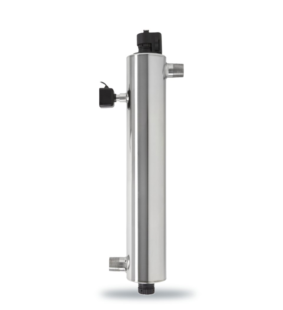 A stainless steel UV chamber standing upright, with water connections at the top and bottom