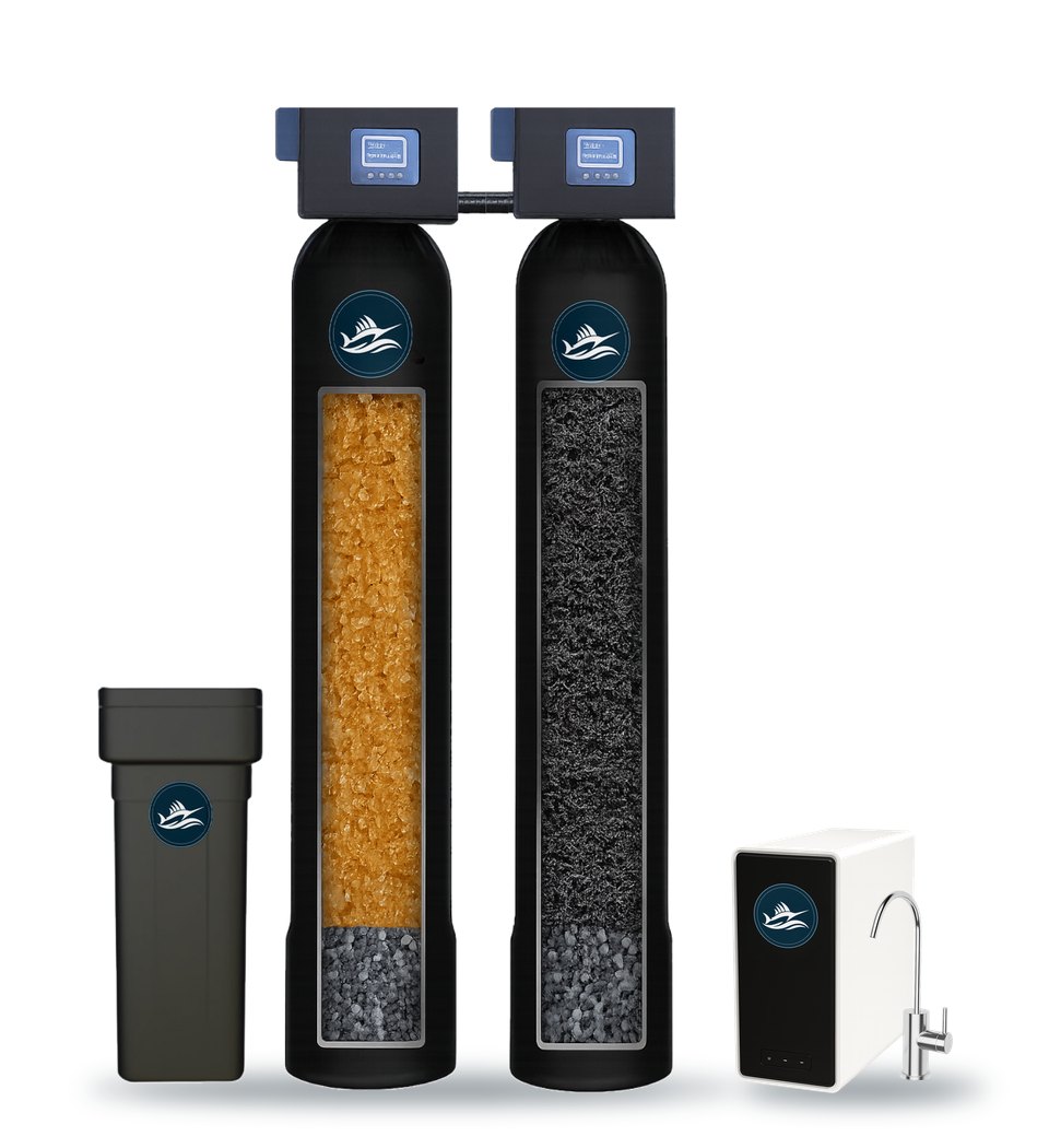 Illustration of a well water treatment system: two black tanks, each with its own control valve, with cutaway windows showing the media inside, a black salt tank, and a small white under-sink drinking water unit with a chrome faucet. Each tank carries the round Sailfish Water Co badge.